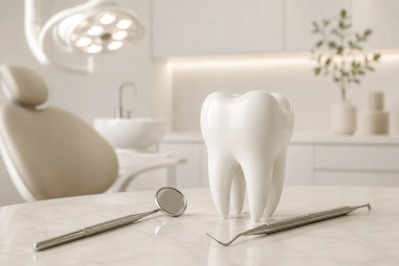 Diente de cerámica e instrumental dental sobre mármol, en un ambiente sereno