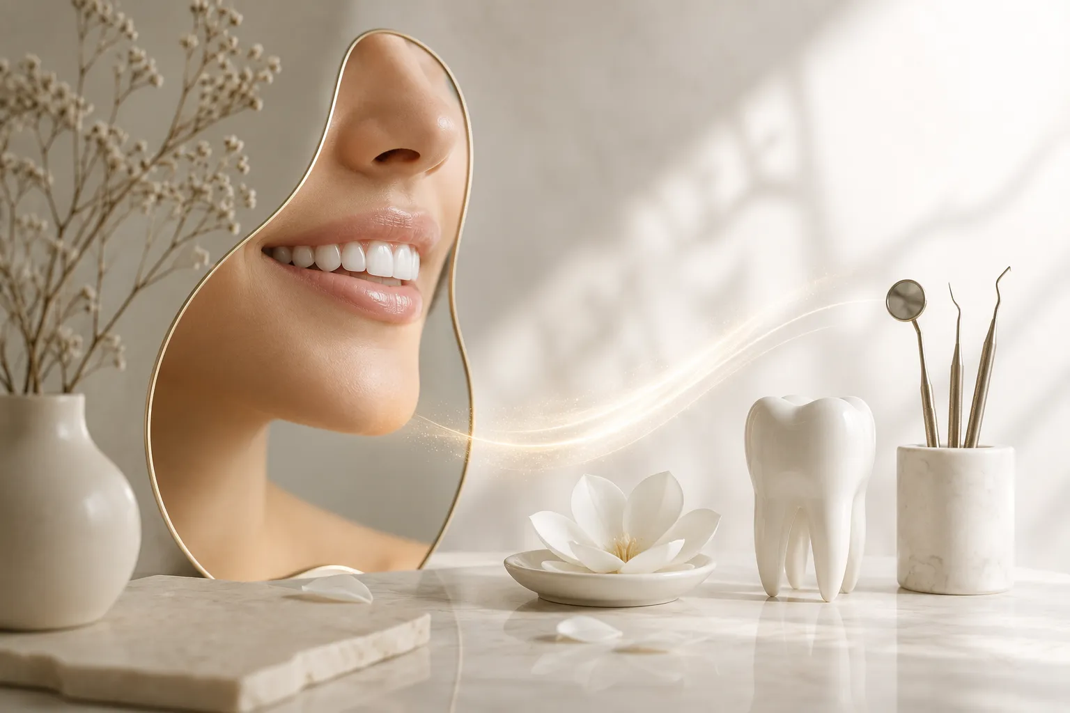 Composición de estética dental: sonrisa, diente y flor sobre mármol